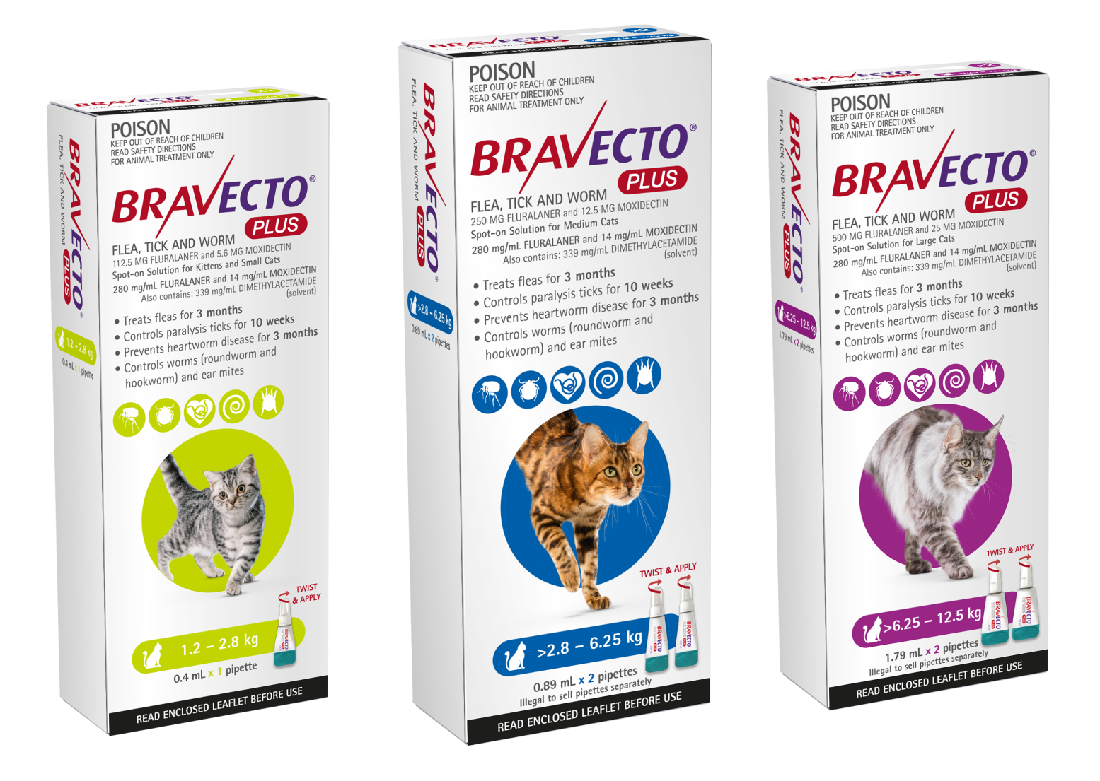 Bravecto Spot Plus on for cats in different weight ranges